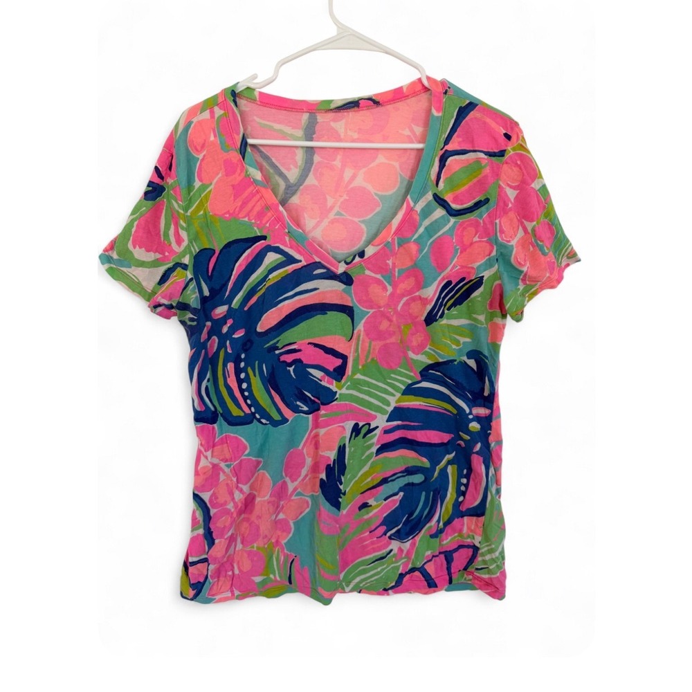 Lilly Pulitzer Womens Large V-Neck Short Sleeve Tropical Floral Leaf Print Tee